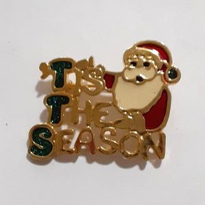 Vintage Santa Tis the Season brooch holiday pin gold tone NP on back 1 1/2"